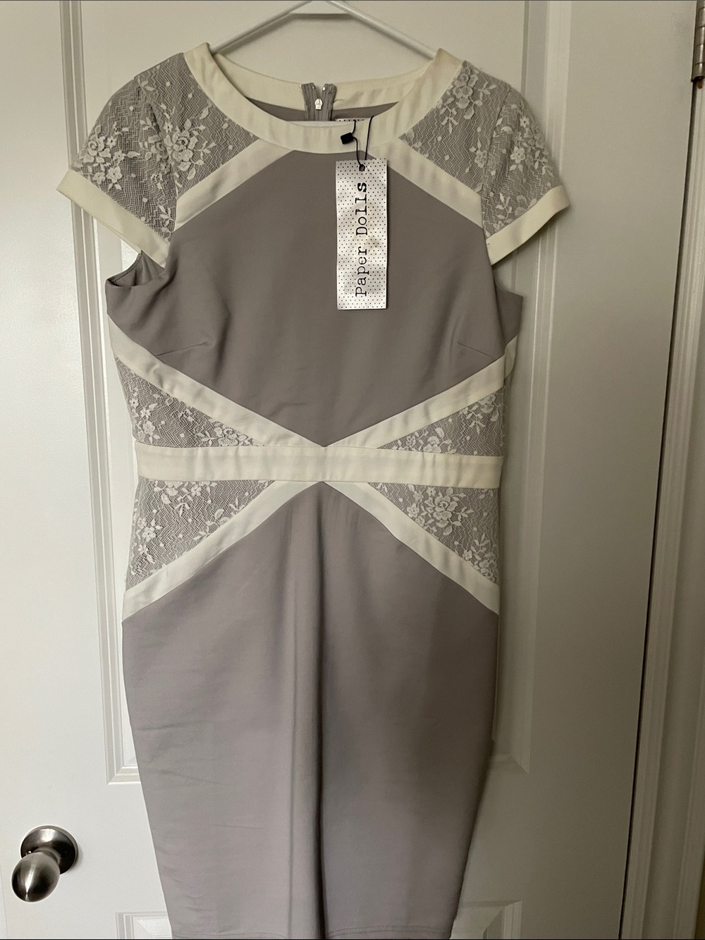paper doll Gray & Ivory Lace Trim Midi Sheath Dress
